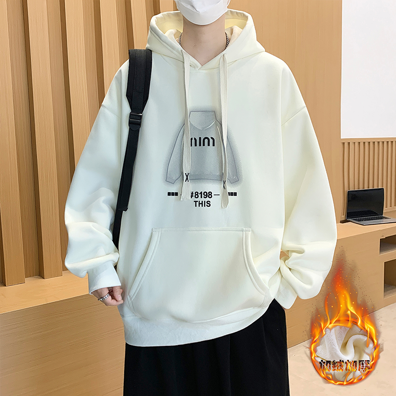 加绒加厚连帽卫衣男生秋冬季新款学生青少年大童保暖打底衫男装潮
