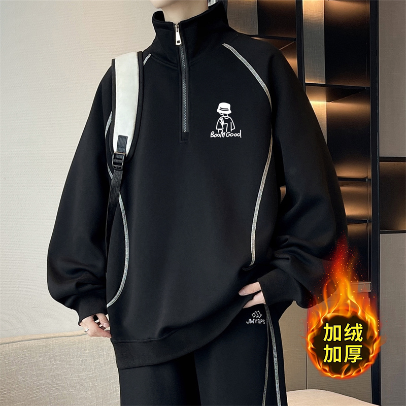 美式半拉链立领卫衣男生秋冬季新款学生休闲宽松加绒加厚打底上衣