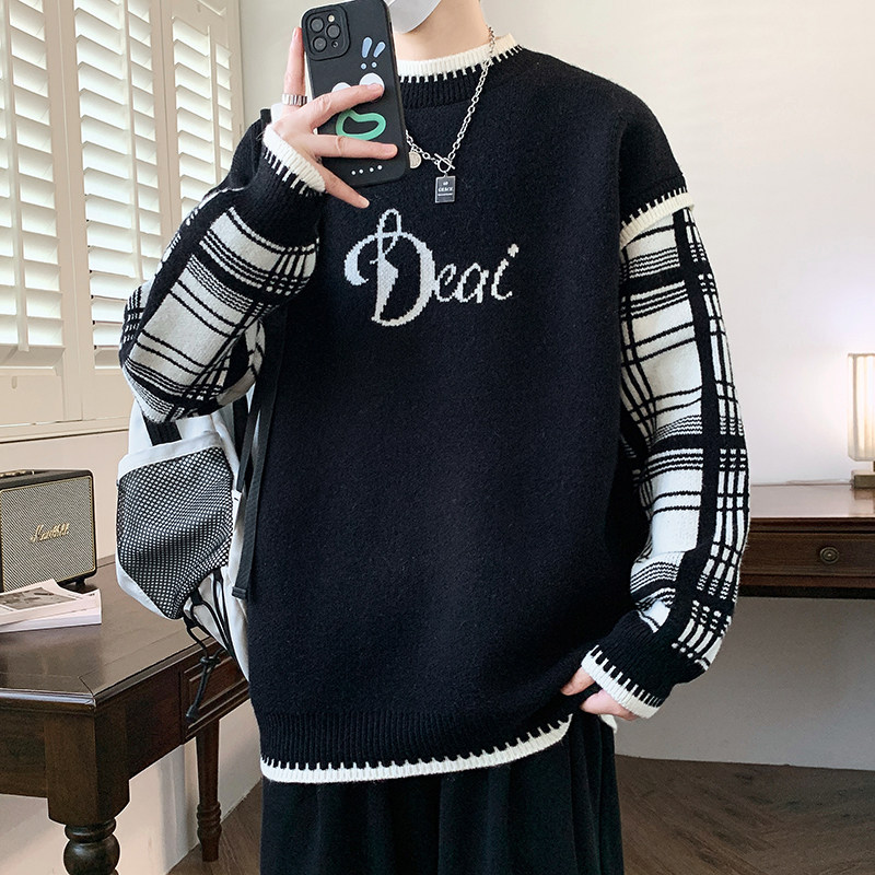慵懒风毛衣男秋冬季新款青少年圆领加厚保暖内搭针织衫男美式上衣