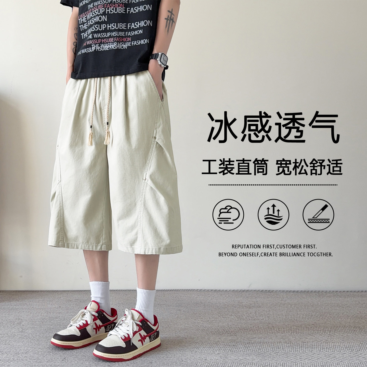 纯棉七分裤子男夏季美式工装大口袋休闲短裤男宽松青少年运动中裤