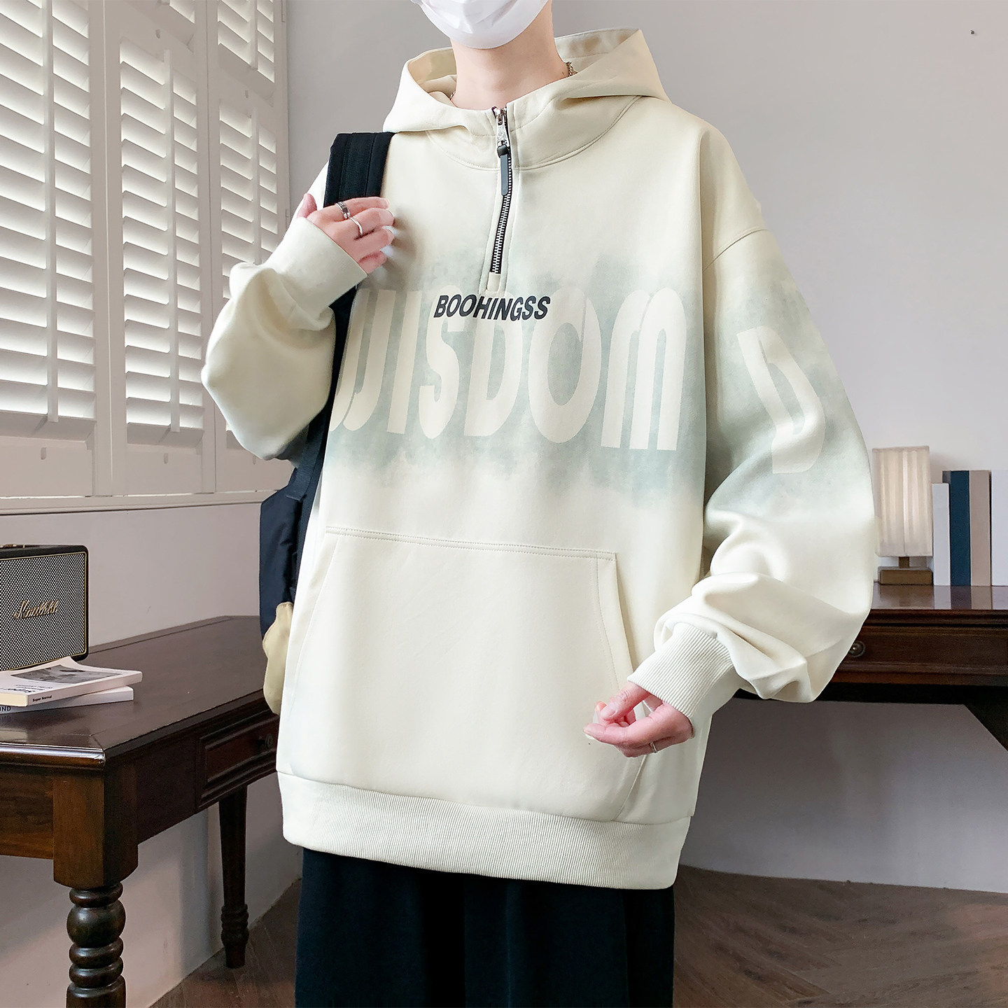 长袖连帽卫衣男春秋季新款初中高中学生半拉链宽松青少年大童男装