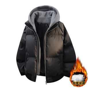 假两件冬季新款羽绒棉服男生大学生青少年加厚保暖棉衣外套男装士