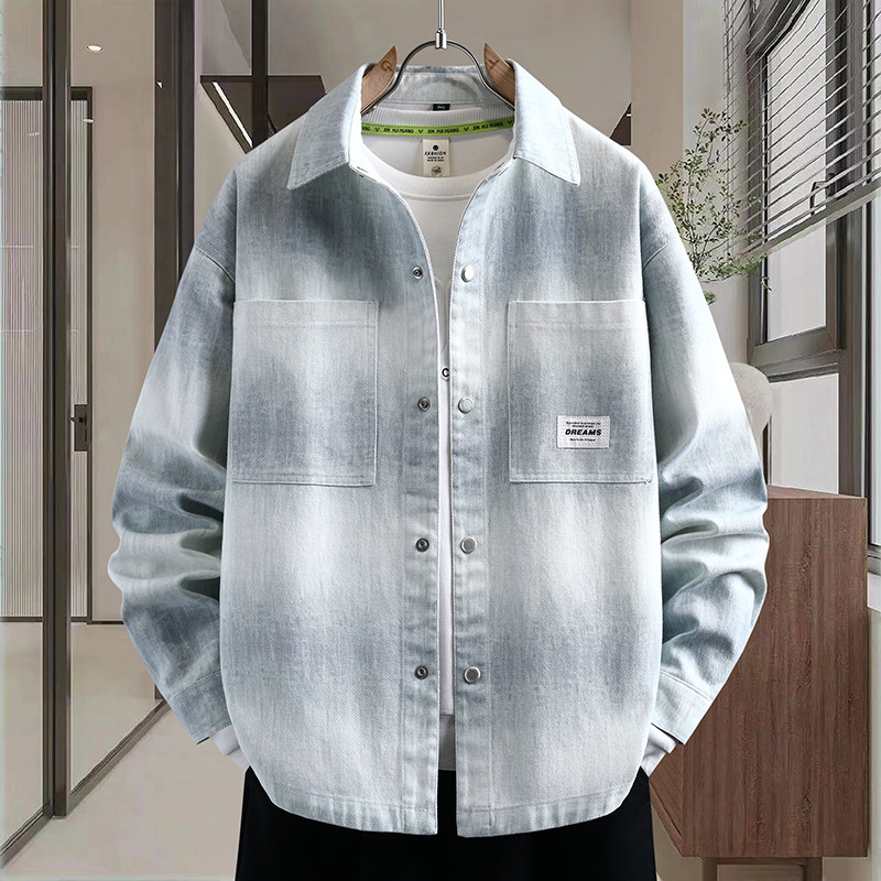 牛仔外套男生春秋季新款中学生衬衫夹克青少年渐变上衣服男装士潮