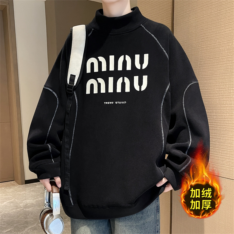 秋冬季新款青少年半高领卫衣男生中学生大童加绒加厚上衣服男装潮