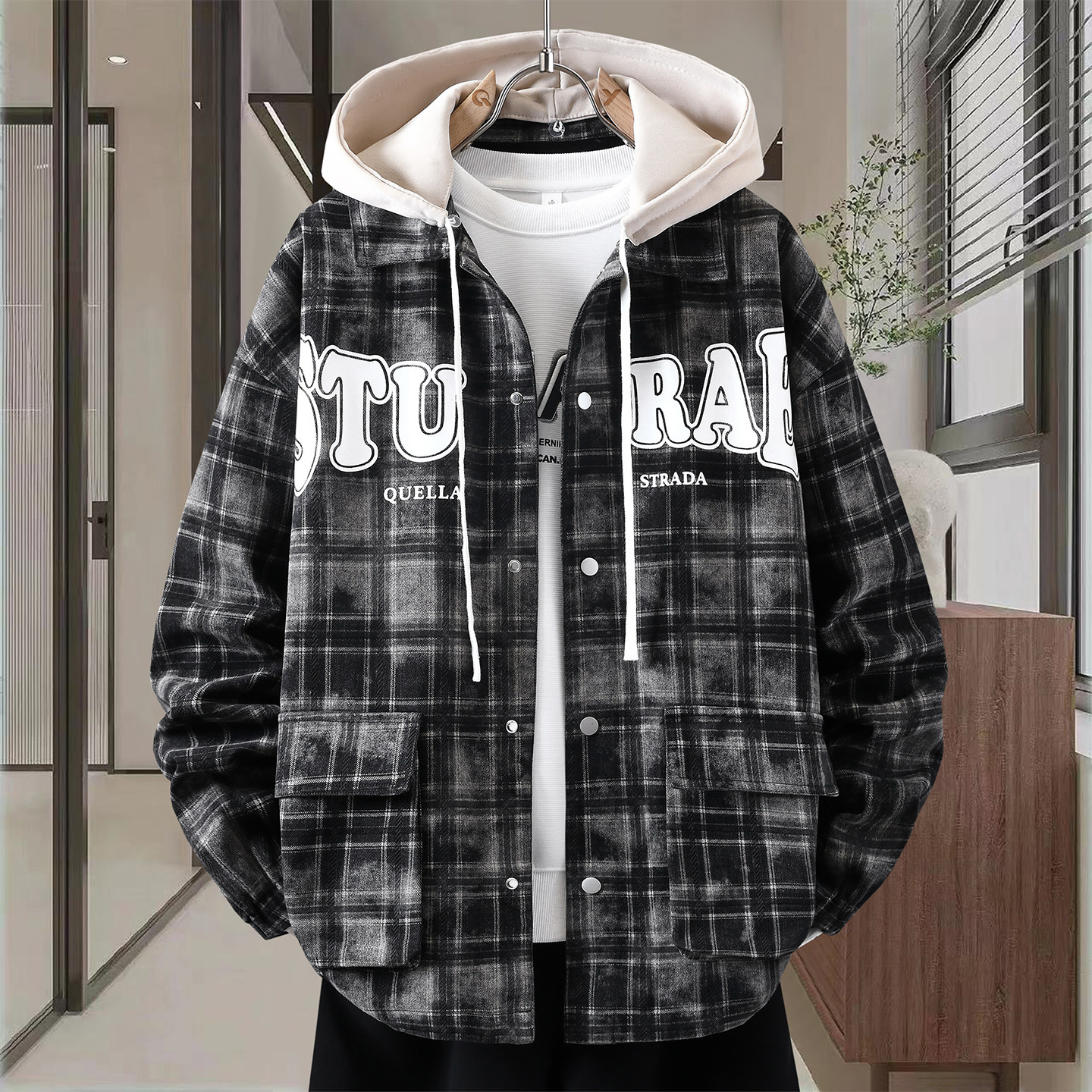 格子牛仔外套男生青少年休闲连帽春秋季新款宽松潮流夹克上衣男装