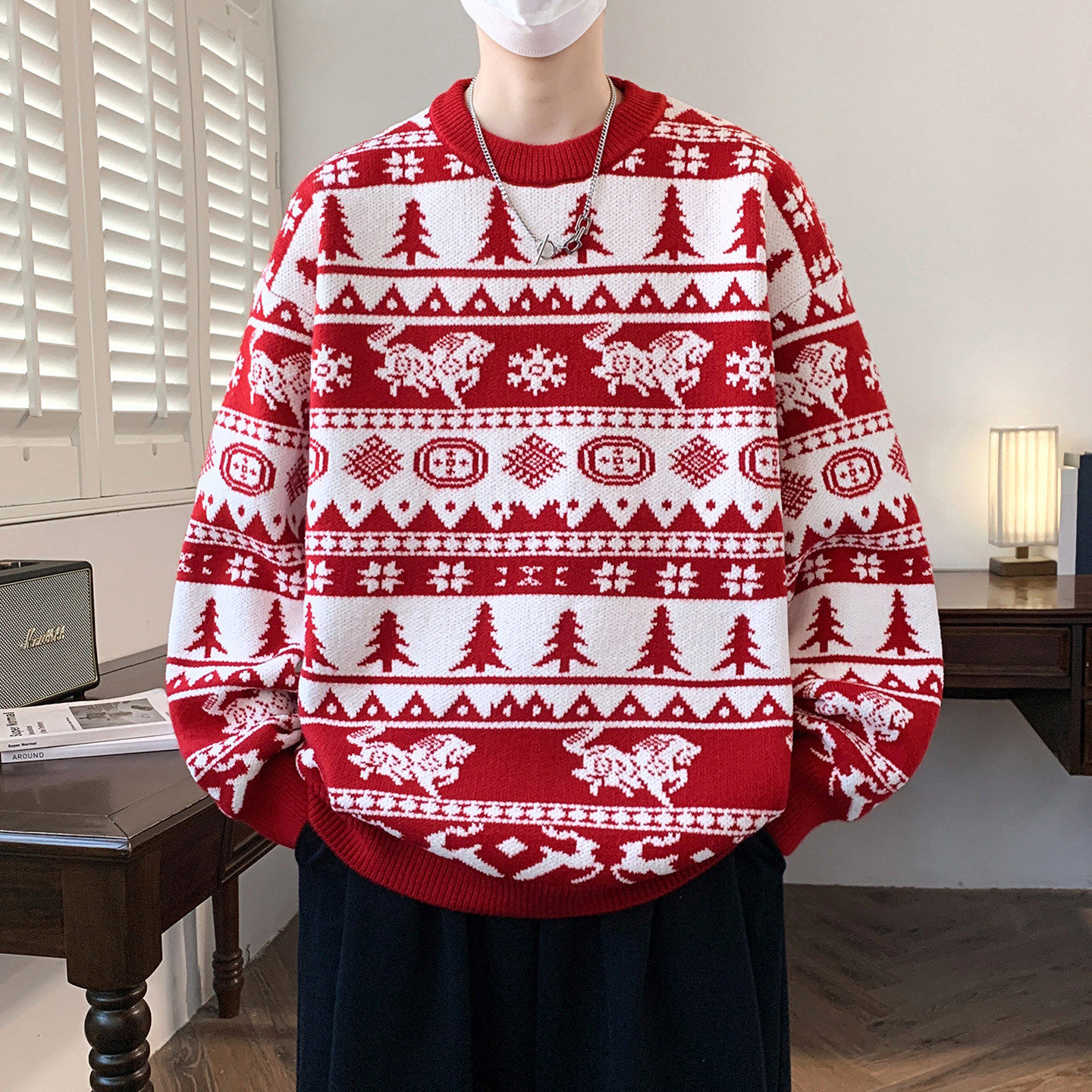 红色毛衣男孩秋冬季新款初高中学生青少年大童加厚打底针织衫潮流