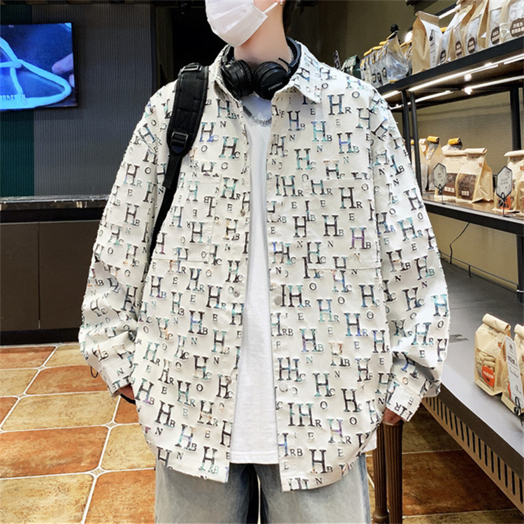 春秋季新款翻领衬衫男潮牌宽松帅气初高中学生青少年休闲外套男装