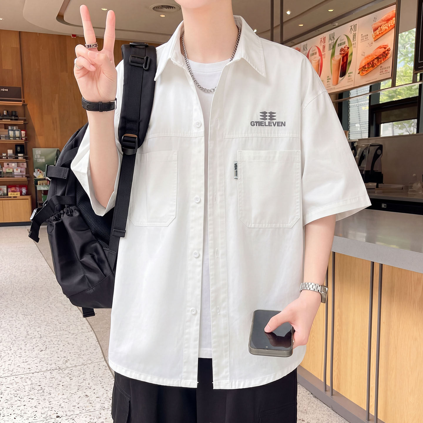 纯棉短袖衬衫男夏季薄款青少年学生翻领外套半袖衬衣服男装士潮牌