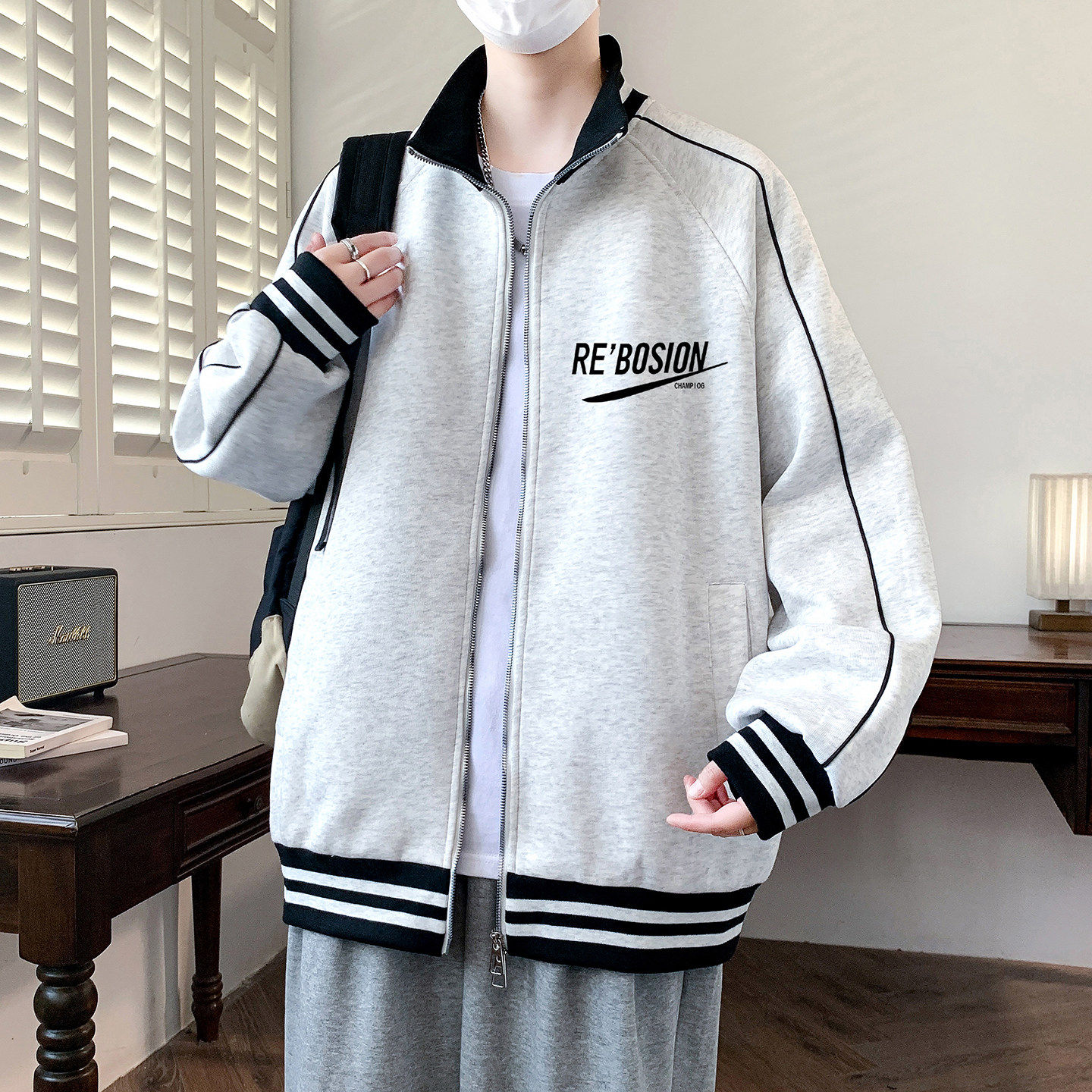 立领外套男孩春秋季新款初中高中学生开衫卫衣男装棒球服青少年潮