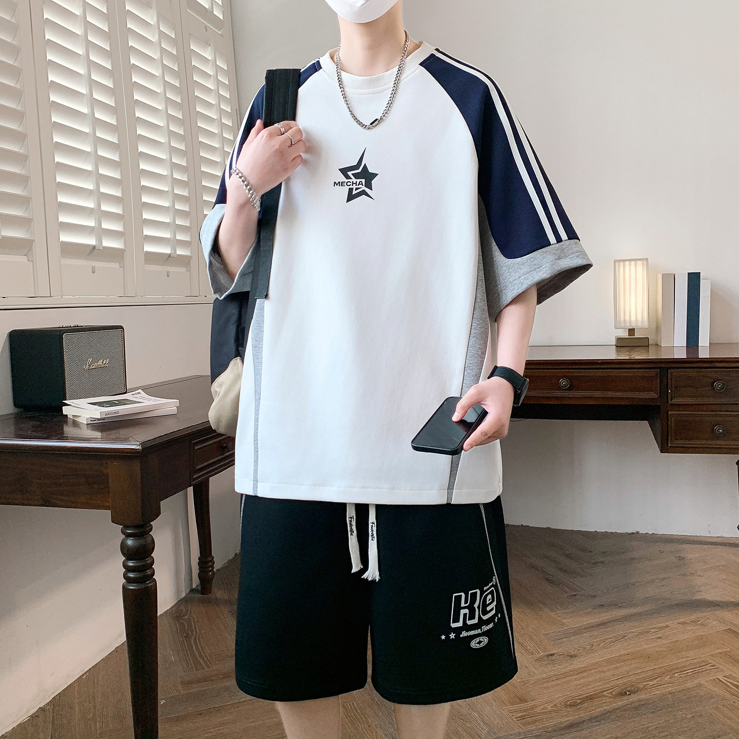 夏季新款短袖t恤男孩青少年大童高中初中学生宽松短裤运动套装潮