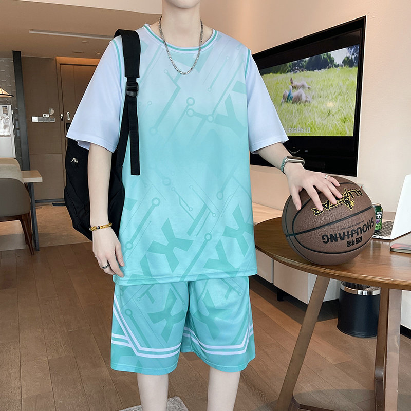 渐变短袖t恤男孩夏季新款青少年学生大童运动短裤套装篮球衣服潮