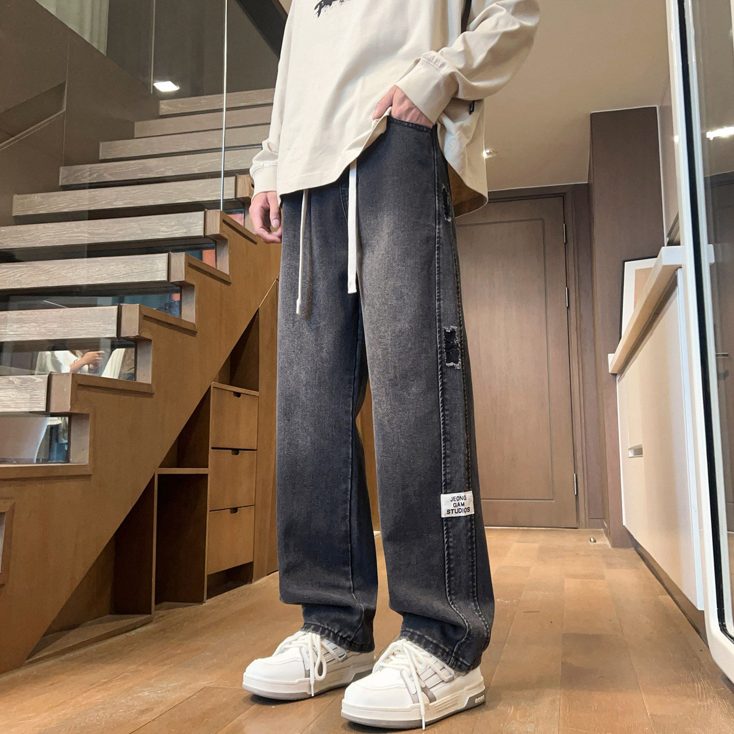 水洗牛仔裤男生秋冬季新款美式直筒青少年阔腿休闲长裤子男装士潮