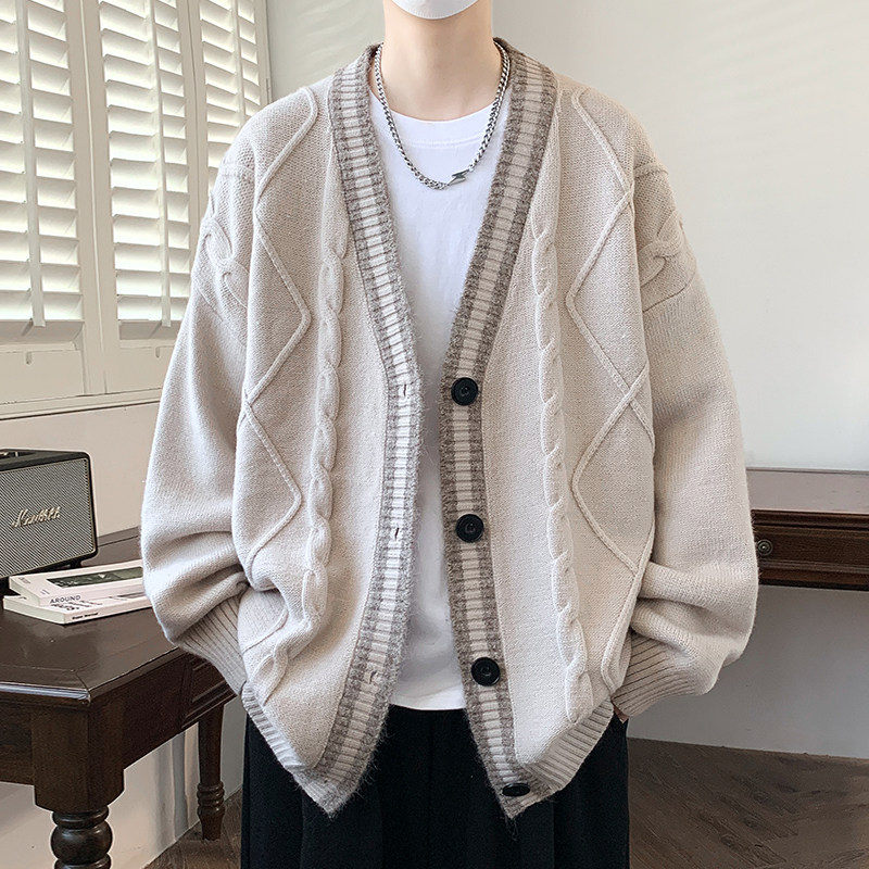 绞花纹针织外套男生春秋季新款青少年学生宽松休闲开衫潮牌线衣服