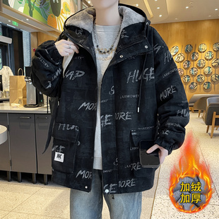 连帽牛仔外套男生青少年秋冬季新款加绒加厚宽松保暖潮流夹克男装