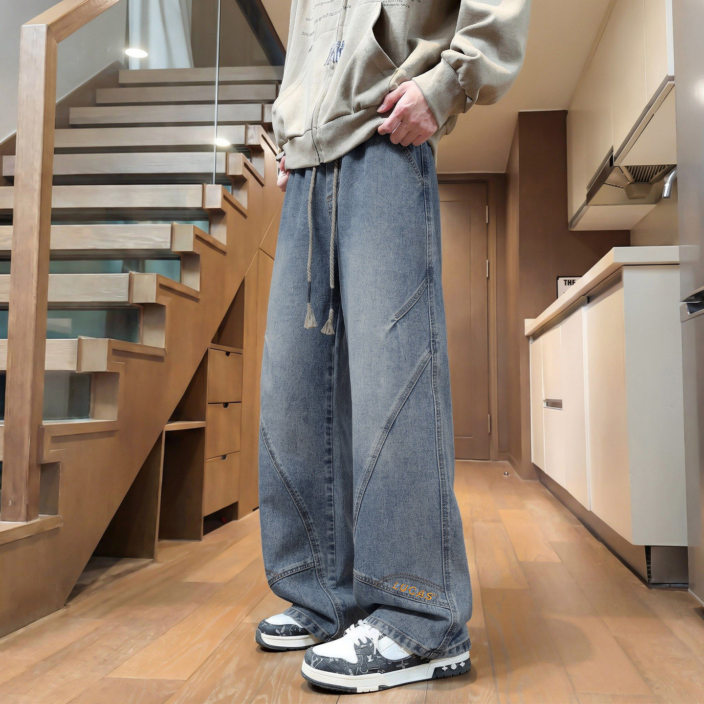 微喇牛仔裤男春秋冬季新款美式直筒青少年水洗阔腿休闲长裤子男装