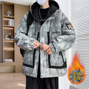 秋冬季新款加绒外套男生青少年大学生工装加厚帅气夹克男装派克服