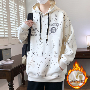 加绒加厚卫衣男生秋冬季新款保暖外套男装纯棉青少年潮连帽打底衫