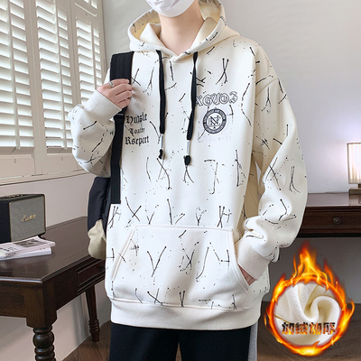 加绒加厚卫衣男生秋冬季新款保暖外套男装纯棉青少年潮连帽打底衫