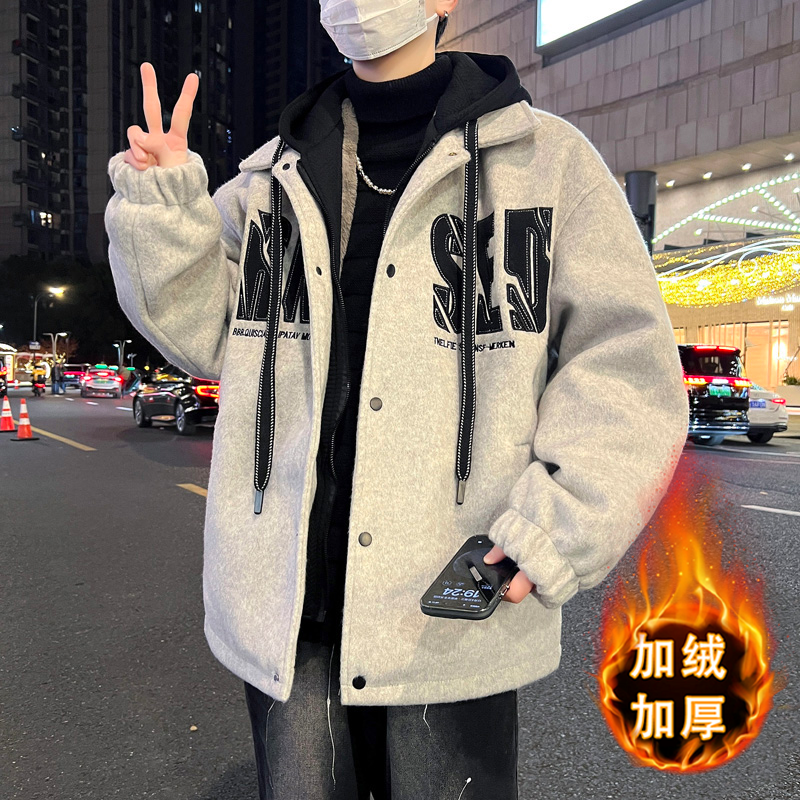 秋冬季新款假两件夹克外套男孩初中学生加绒加厚青少年大童棉衣服