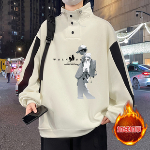 秋冬季新款加绒加厚半高领卫衣男孩初中学生青少年帅气打底衫上衣