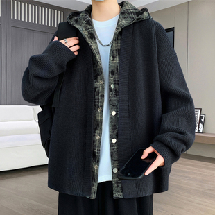 假两件外套男生春秋季新款青少年针织衫夹克男装士连帽开衫上衣服