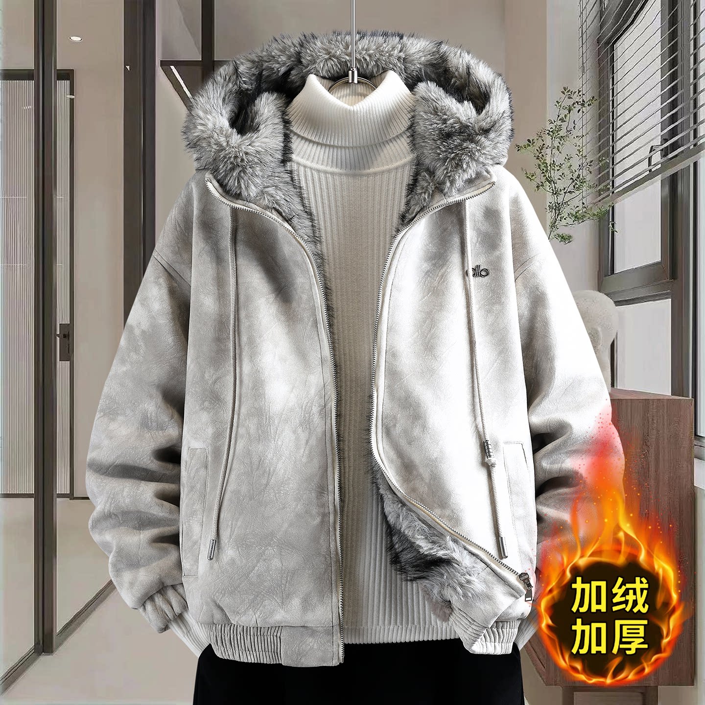 扎染夹克男生秋冬季新款休闲潮流加绒加厚学生保暖连帽外套上衣服