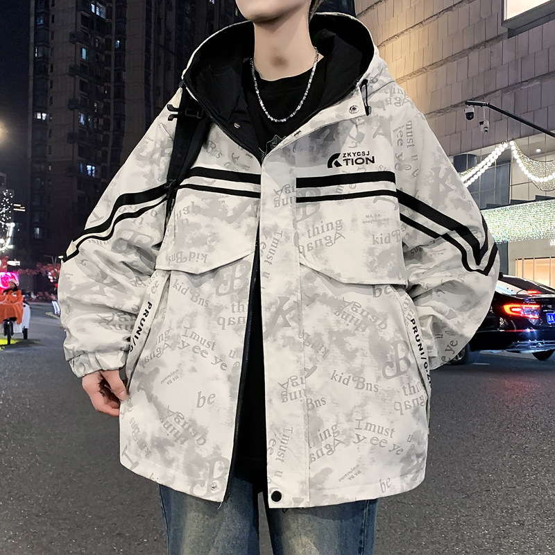 外套男春秋季新款初高中学生青少年潮流帅气夹克扎染男装士冲锋衣