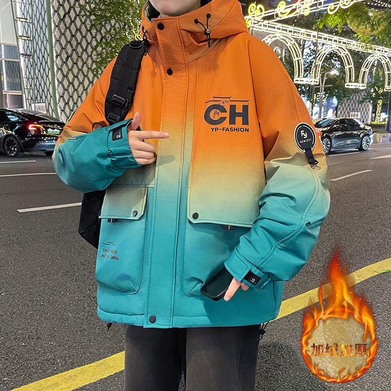 秋冬季新款夹克男生加绒渐变色连帽棉衣服潮流加厚保暖外套男装士