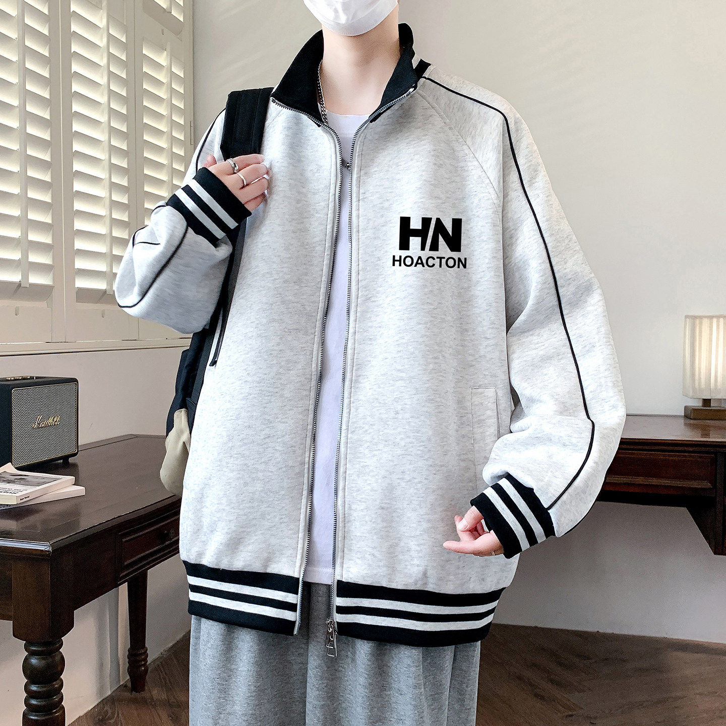 春秋季新款立领外套男生初中高中学生开衫卫衣男装青少年大童潮牌