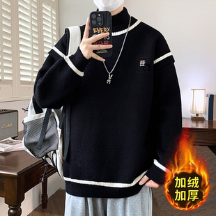 高领毛衣男孩冬季新款加绒加厚学生毛线衣服青少年针织打底衫男装