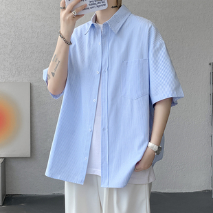 士潮 条纹衬衫 外套男生夏季 新款 青少年夹克初高中学生帅气衬衣男装