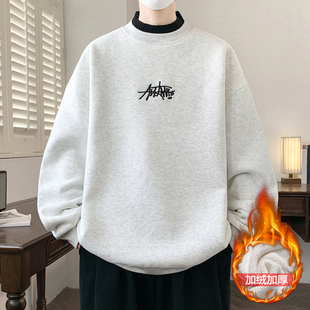 加绒加厚假两件卫衣男士秋冬季新款宽松内搭衣服半高领长袖打底衫