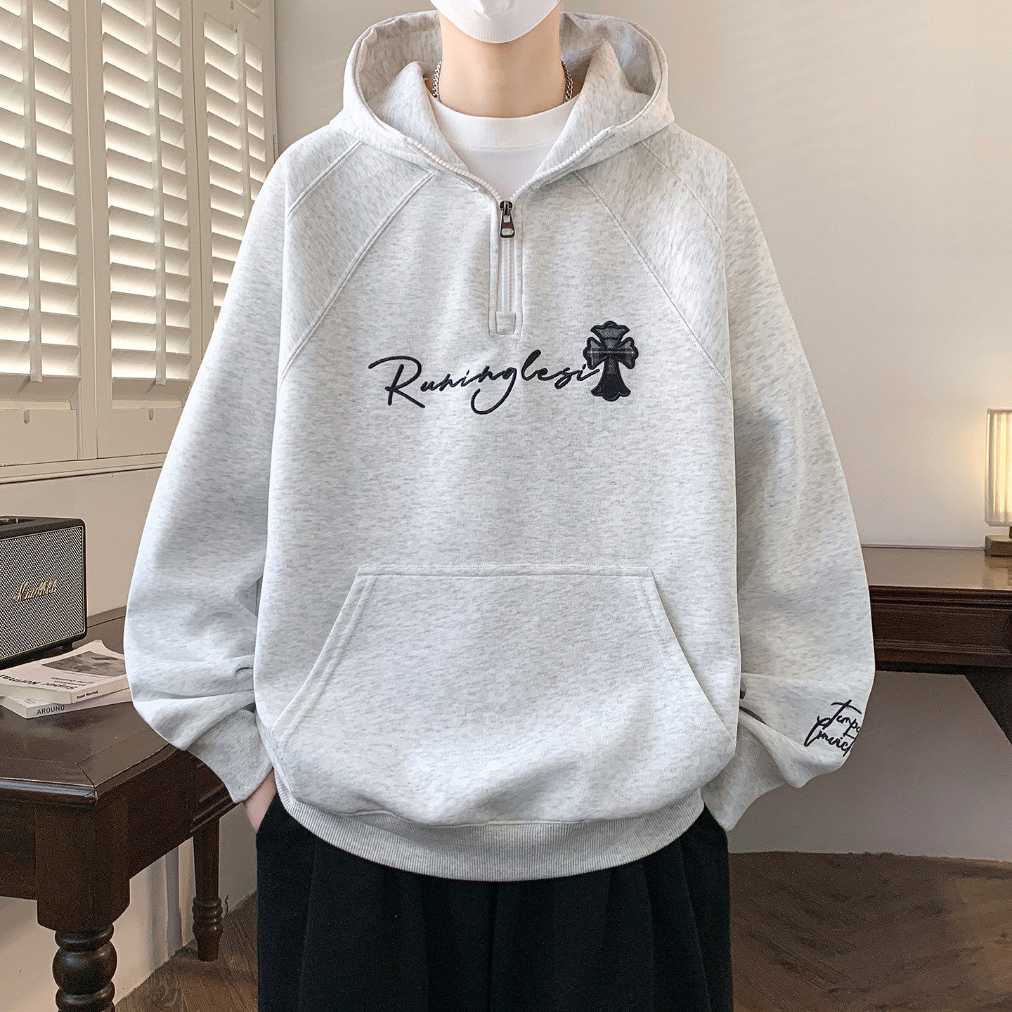 春秋季新款半拉链卫衣男孩初高中学生连帽外套青少年大童上衣服潮