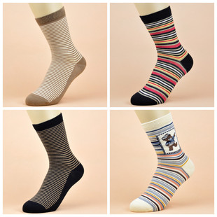 熊仔厚秋冬天长筒纯棉袜子女横条纹防臭 薄款 4双装 华丹奴春夏四季