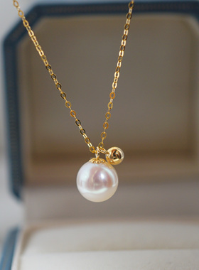 含金链 18K极亮正圆无暇天然白色AK珍珠项链 金豆豆小铃铛款8.6mm