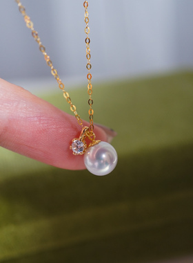 18K黄金链 极亮正圆全无暇天然白色AK珍珠项链 7.5mm小铃铛款