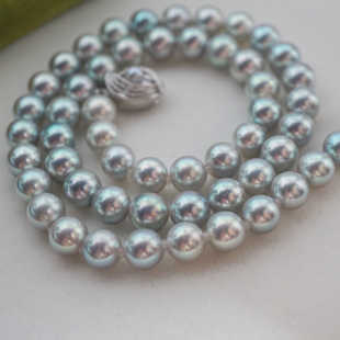 纯银扣极光正圆微瑕海水真多麻银灰蓝色akoya珍珠项链7.5-8mm43cm