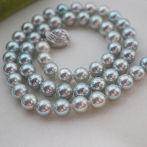 纯银扣极光正圆微瑕海水真多麻银灰蓝色akoya珍珠项链7.5-8mm43cm