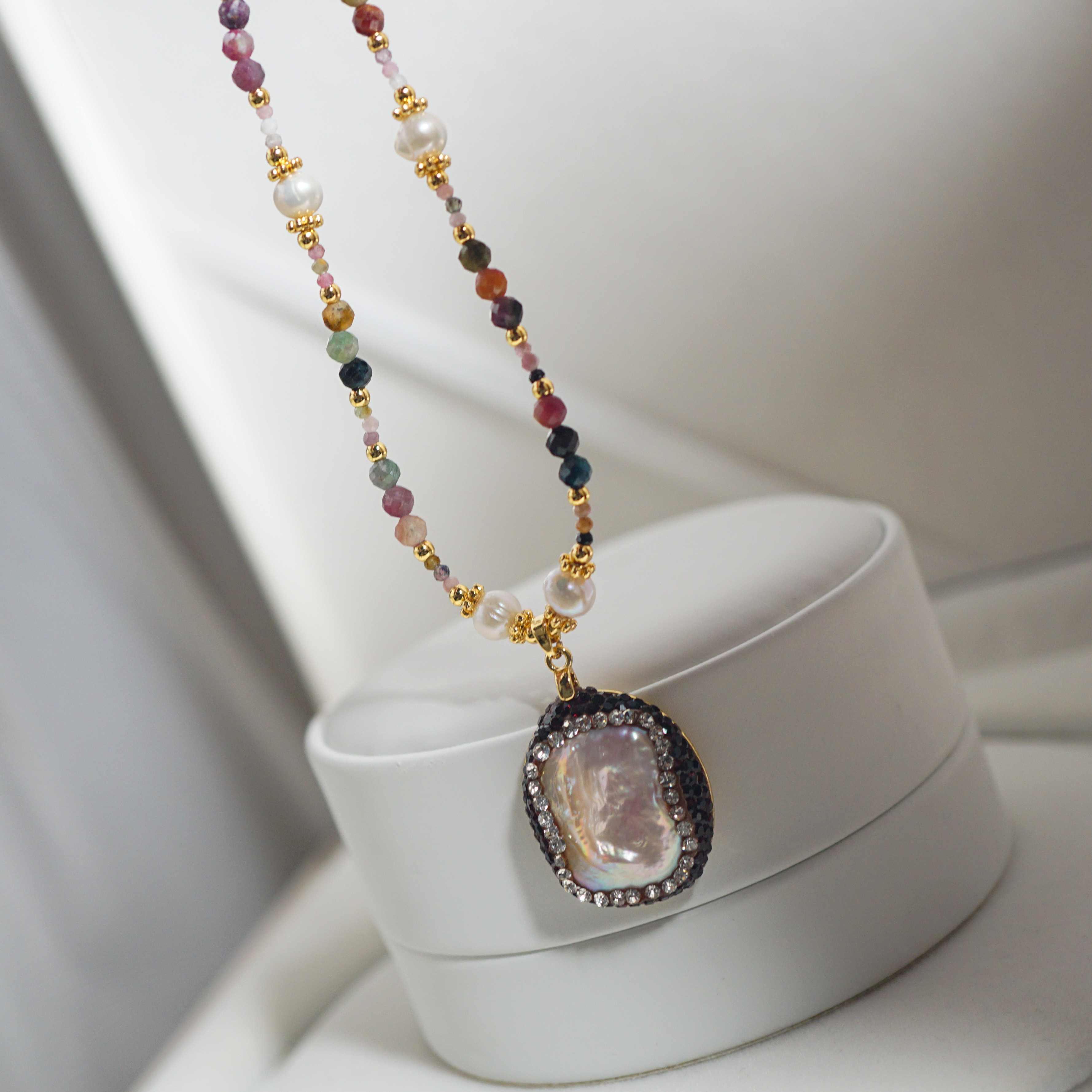 天然碧玺+珍珠+巴洛克+石榴石设计款项链2-3.7mm珍珠6mm42-47.5cm