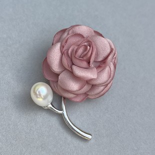 镜面极亮无瑕天然白色珍珠 粉色绢花胸针胸花 玫瑰山茶花11X9mm