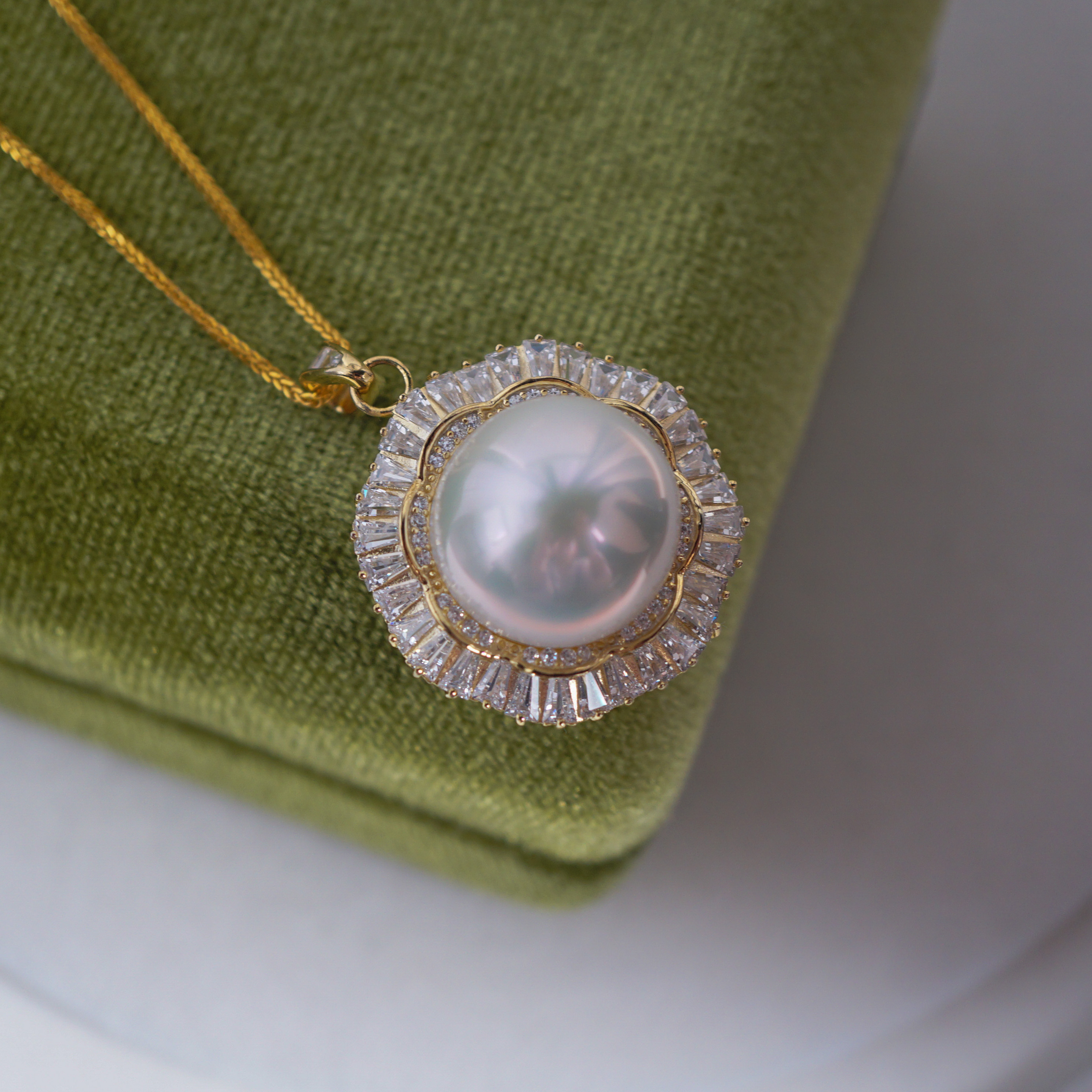 S925银镀金 送银链 超大尺寸全无暇天然白色珍珠项链 14.7mm