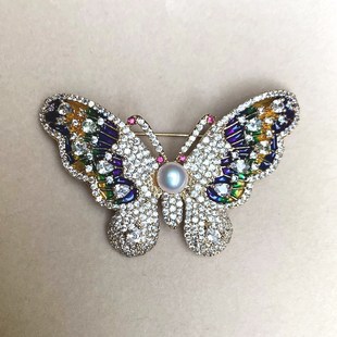 超精致 极亮白透粉 天然白色珍珠胸针 满钻彩色珐琅蝴蝶胸针胸花