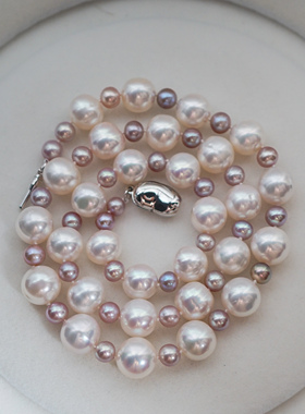 极亮正圆微瑕紫色白色大小混穿天然珍珠项链中长款6.5-11.5mm55cm