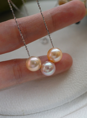 18K白金链 极亮正圆全无暇 天然淡粉淡紫色珍珠项链 8.9mm 40cm