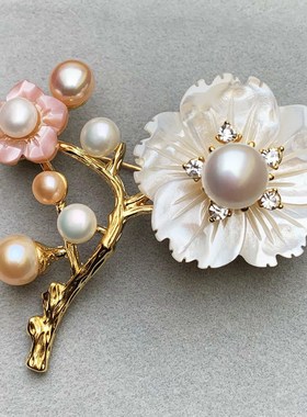 极亮无瑕天然贝壳梅花樱花珍珠胸针胸花金色树枝中式中国风配旗袍