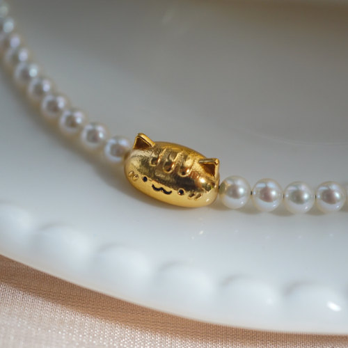 S925银镀金 极亮正圆无暇 天然白色小米珍珠项链 3.5mm 41-44cm猫