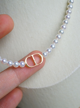 18K 高品质婴儿肌 极亮正圆全无暇天然白色AK小珍珠项链4mmCD字母