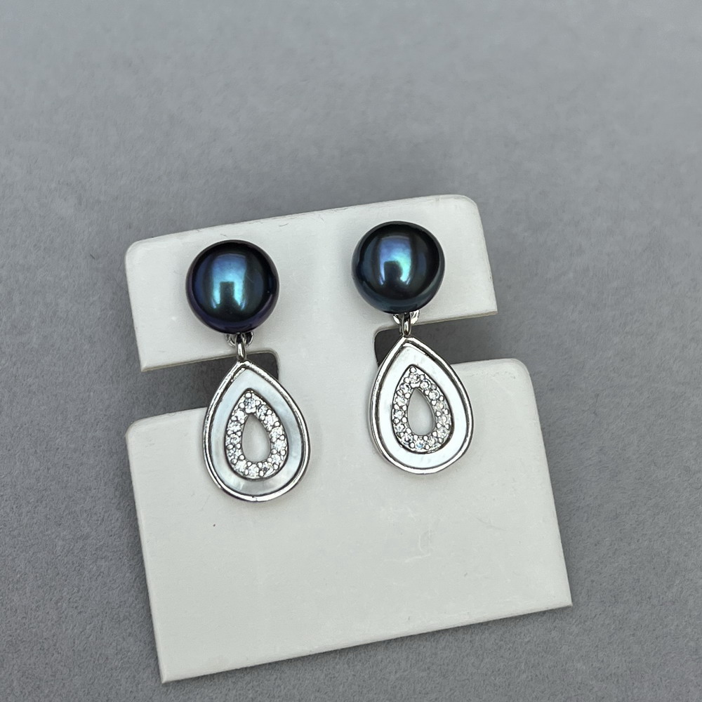 极亮丝滑 稀有蓝紫色 淡水黑珍珠耳环耳钉7.8mm天然贝壳 水滴形