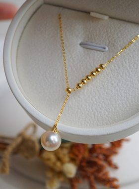 18K金链加金豆豆 极亮正圆无暇天然白色AK珍珠项链Y链8.8mm不对称