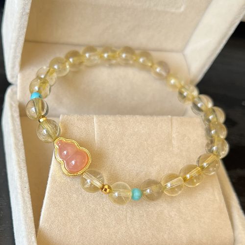 实拍 天然金发晶黄色水晶手链手串7mm 粉色玛瑙小葫芦 绿松石